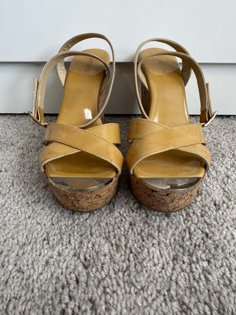 Jimmy Choo Papyrus Yellow Patent Leather Cork Wedge Sandals